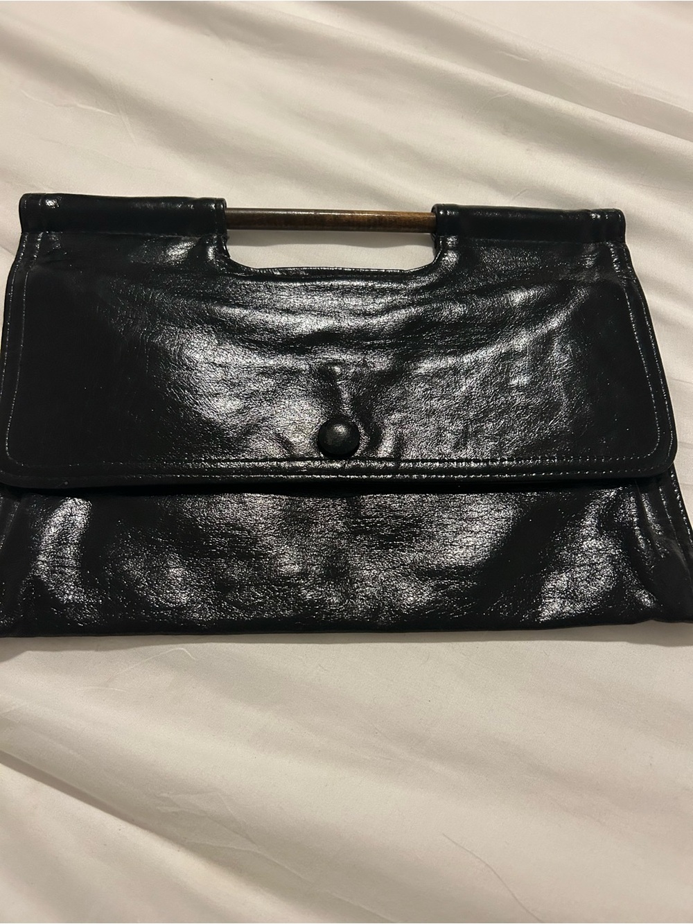 Vintage Sleek Black Patent Leather Clutch with wood Handle